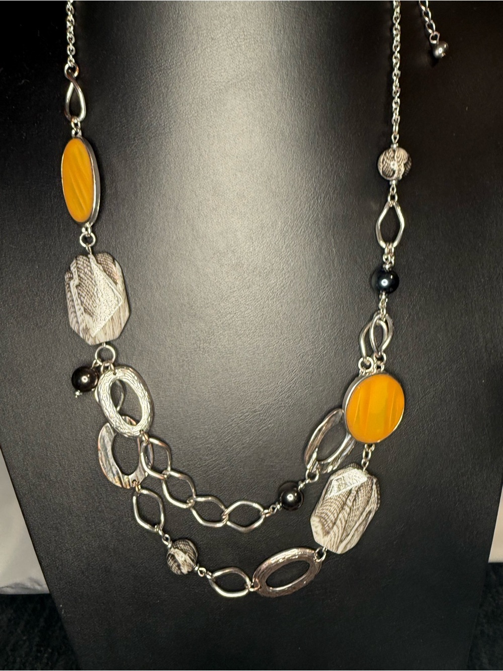 Chico’s Multi-Strand Statement Necklace – Yellow, Snake Print Grey & Silver Tone